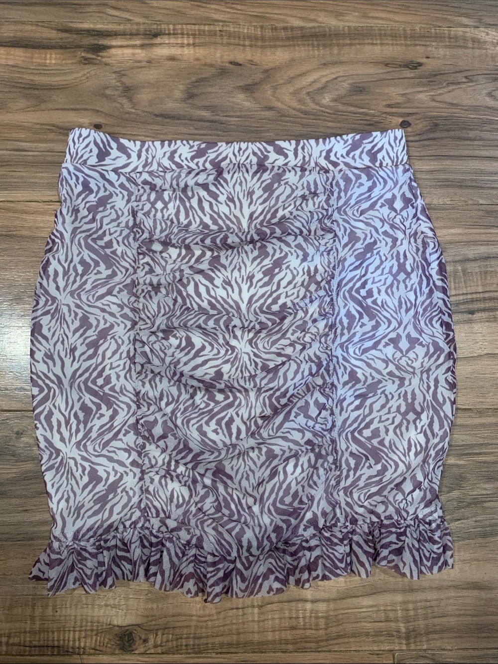 Women's Free People Romi Purple White Zebra Print Mesh Ruched Ruffle Mini Skirt